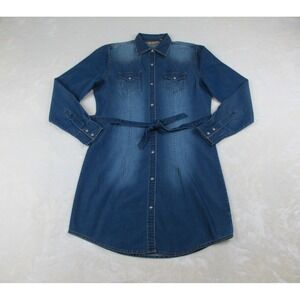 Wrangler Dress Womens Medium Blue Long Sleeve Pearl Snap Western Retro Belted*